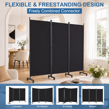 Rolling Room Dividers 5.9FT 3 Panel, Folding Privacy Screens with Lockable Wheels,102" W Portable Wall Divider Room Separation for Porch Living Room Dorm Studio Office, Black