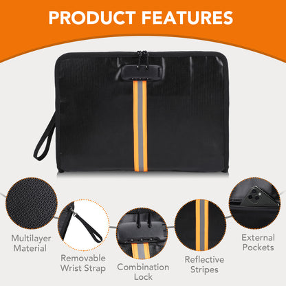 Fireproof Document Bag,13"×9.2" Fireproof Money Bag,with Combination Lock,Suitable for Tablets, A4 Documents, Cash, Mobile Phones, Credit Cards and Files,Orange