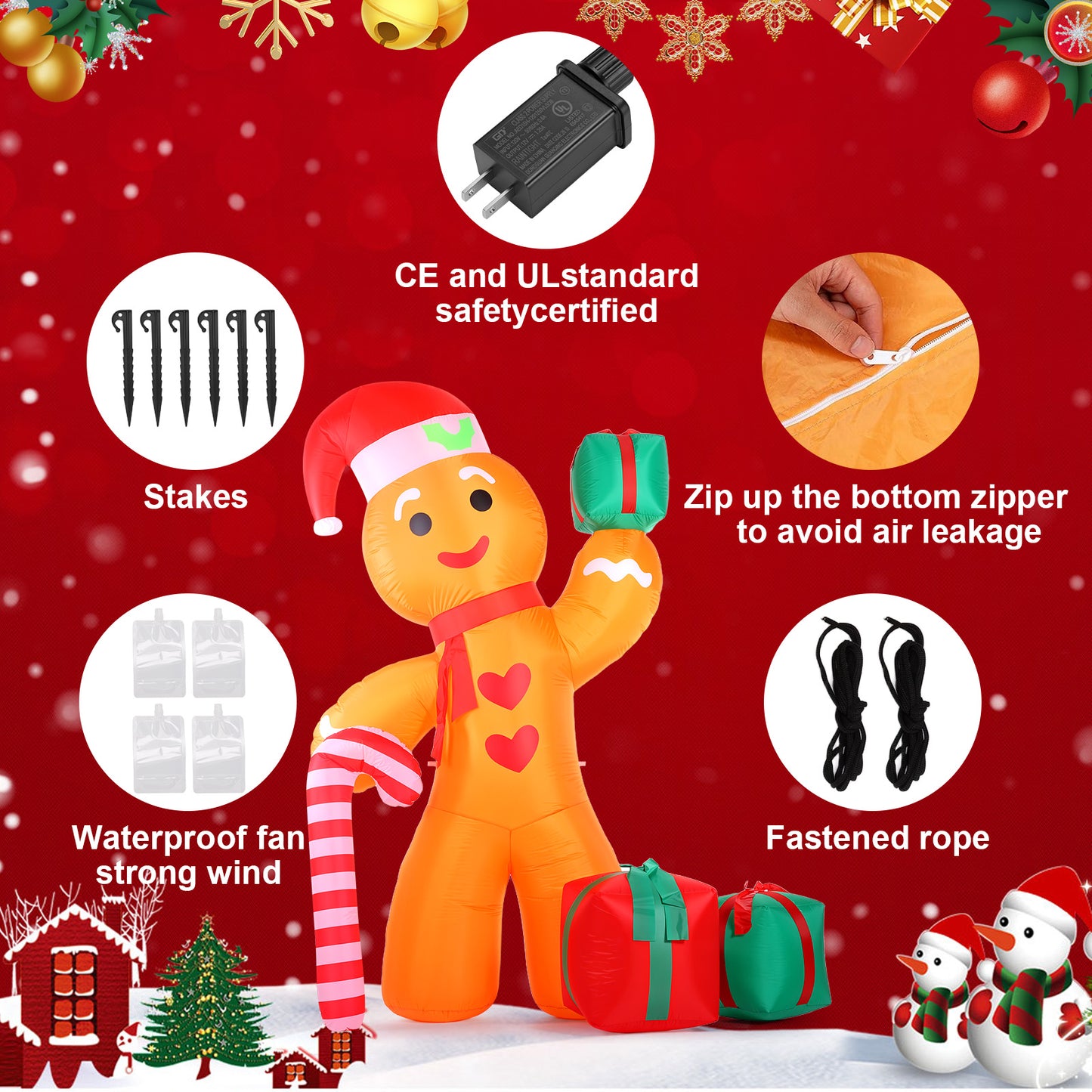 8FT Inflatable Gingerbread Man with Candy Cane and T8FT Inflatable Gingerbread Man with Candy Cane and Three Gift Boxes,LED Lighted Christmas Decoration Indoor and Outdoorhree Gift Boxes,LED Lighted Christmas Decoration Indoor and Outdoor