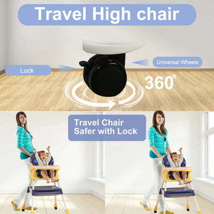 4-in-1 Folding Baby High Chair with Wheels & Tray, Adjustable Booster Seat Convertible High Chairs for Babies Toddlers 6 Months to 5 Years