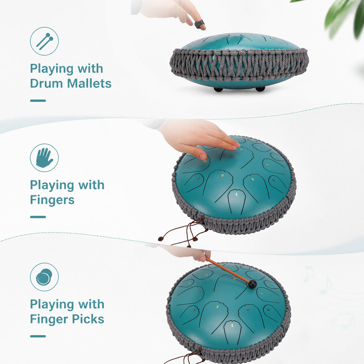 13 inch Steel Tongue Drum, 15 Notes D Major Handpan Drum with Mallets & Carry Bag, Carbon Steel Rain Drum Style Calming Percussion Instrument for Meditation Yoga Beginners Gift, Malachite Green