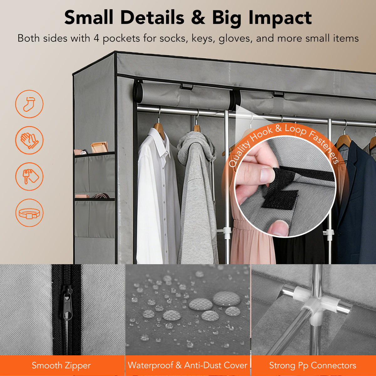 Portable Closet, 65" H Wardrobe Closet for Hanging Clothes 8 Storage Organizer Shelves with 4 Hanging Rods,Grey