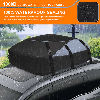 Rooftop Cargo Carrier, 25 Cubic Ft 1000D Waterproof Vehicle Soft-Shell Carriers for Cars with/Without Luggage Rack, Car Roof Bag with Combination Lock, 6 Door Hooks, Reinforced Strap,Storage Bag