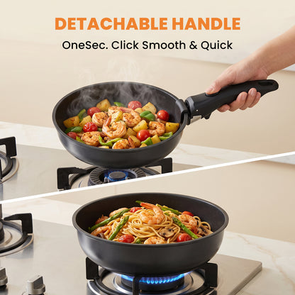 20 Piece Pots and Pans Set, Nonstick Cookware Set with Detachable Handles, Oven & Dishwasher Safe, Induction Compatible, Stackable RV Kitchen Cooking Set, Black