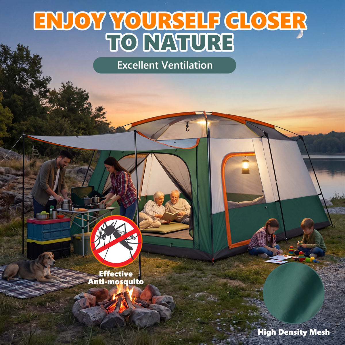 Family Camping Tent 8 Person Tent Waterproof Windproof with Divided Curtain for Separated 2 Rooms with Carry Bagfor Campng, Outdoor,Green