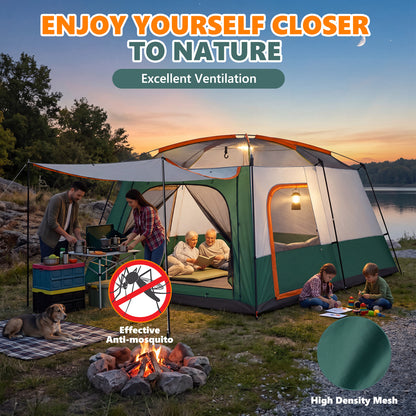 Family Camping Tent 8 Person Tent Waterproof Windproof with Divided Curtain for Separated 2 Rooms with Carry Bagfor Campng, Outdoor,Green