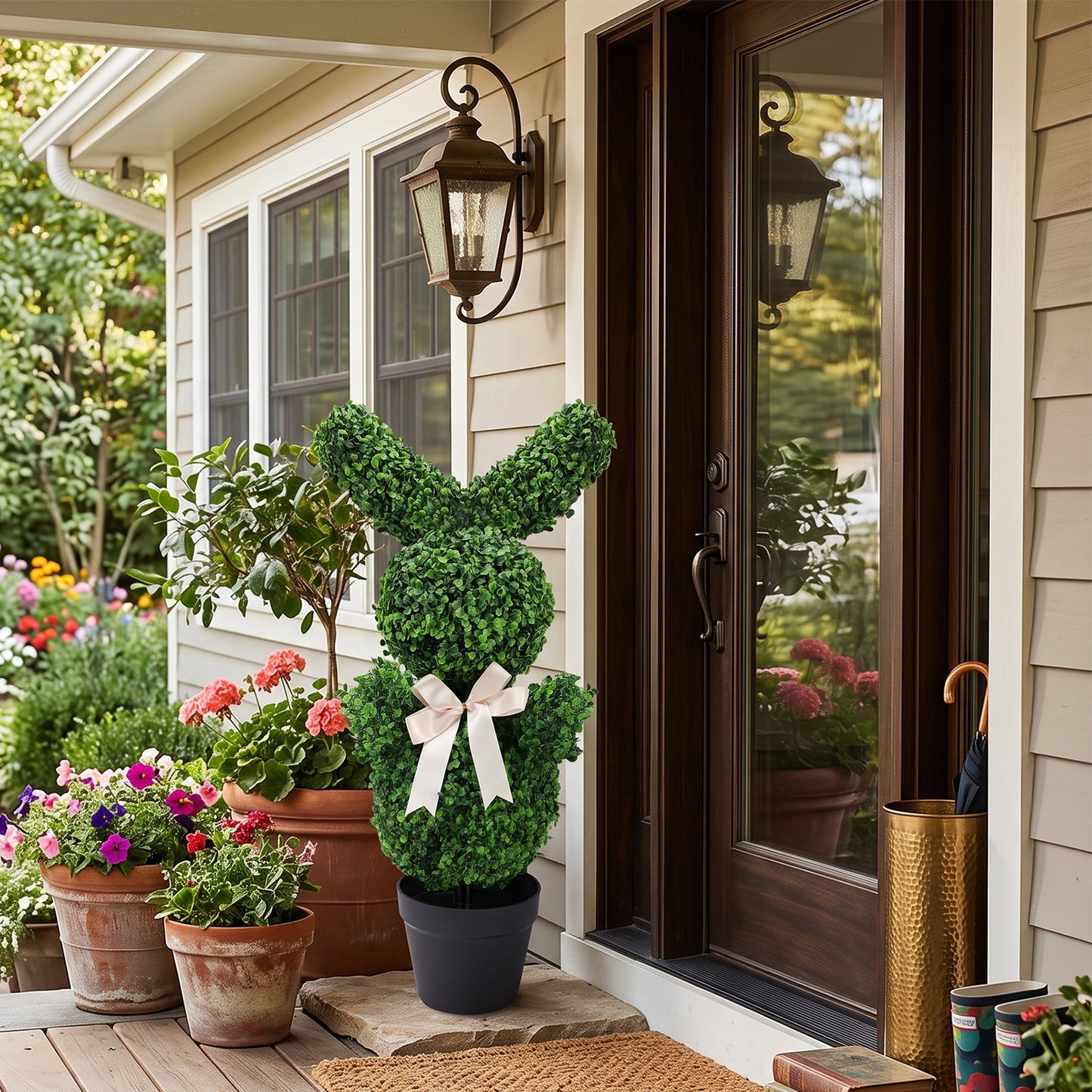 3ft Easter Shaped Topiary Trees, High Artificial Boxwood with Swaying Ears & Brown Bow Tie, for Indoor & Outdoor Decor