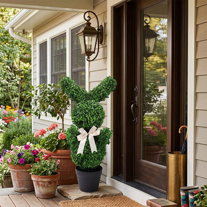 3ft Easter Shaped Topiary Trees, High Artificial Boxwood with Swaying Ears & Brown Bow Tie, for Indoor & Outdoor Decor