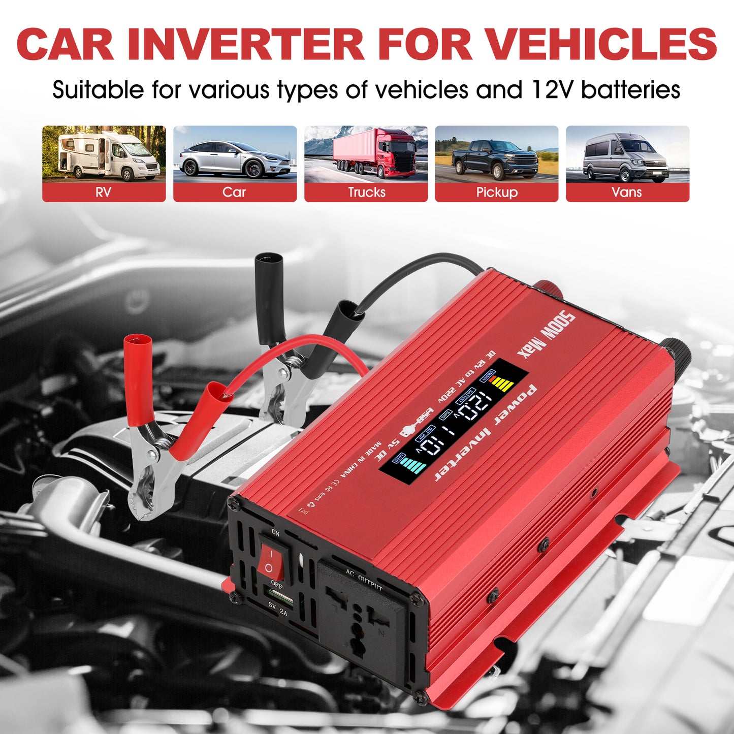 500 Watts Pure Sine Wave Power Inverter for Vehicles, Converter DC 12v to AC 110V Car Inverter with USB Port and LCD Screen