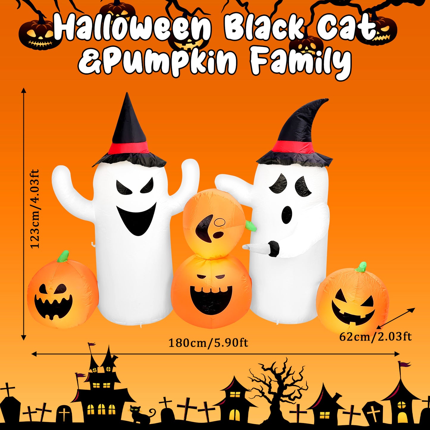 7 FT Long Lighted Inflatable Ghosts with Pumpkins, Blow Up Decorations for Indoor Outdoor Garden Lawn Party Yard Decorations