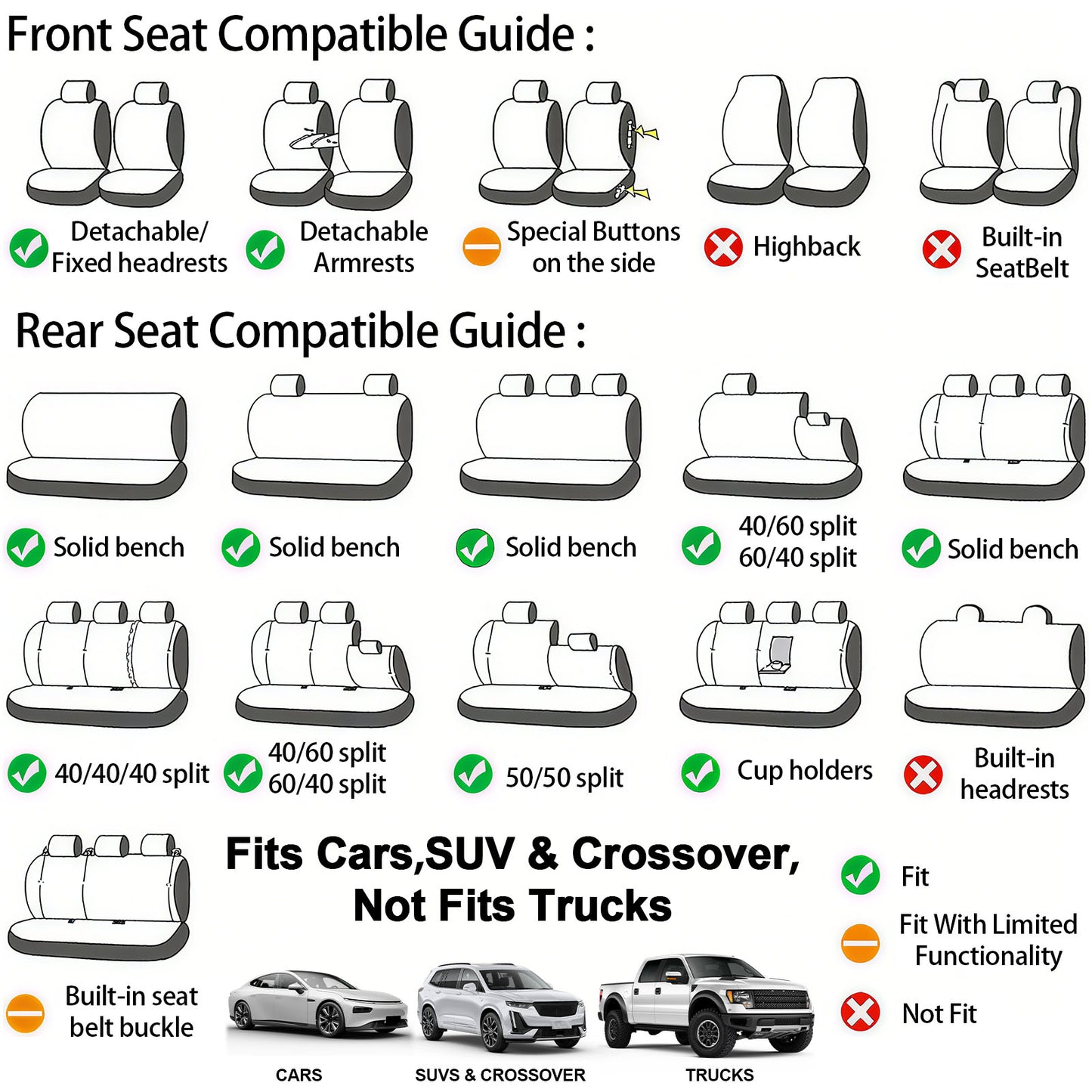 5 Seats Car Seat Cover, Sponge + PVC Leather Universal Seat Cover,Split Bench Compatible,Universal Fit for Auto Trucks Van SUV,Gray