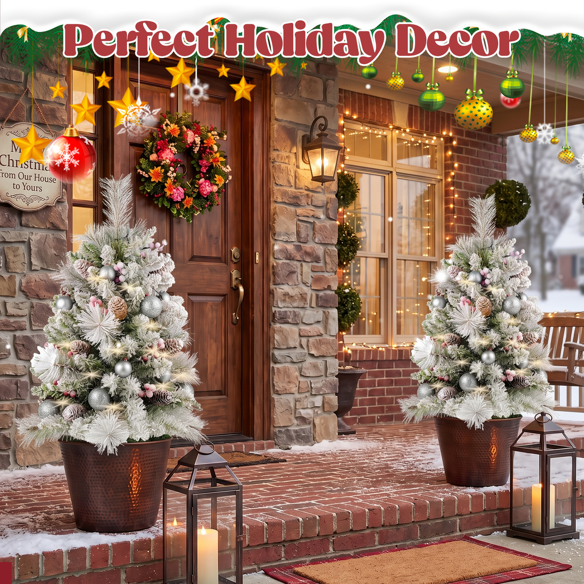 2Pcs 76cm Artificial Christmas Tree PVC Outdoor Decorative Mini Xmas Tree Set, Red Bows & Glitter Ornaments