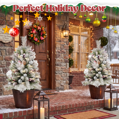 2Pcs 76cm Artificial Christmas Tree PVC Outdoor Decorative Mini Xmas Tree Set, Red Bows & Glitter Ornaments