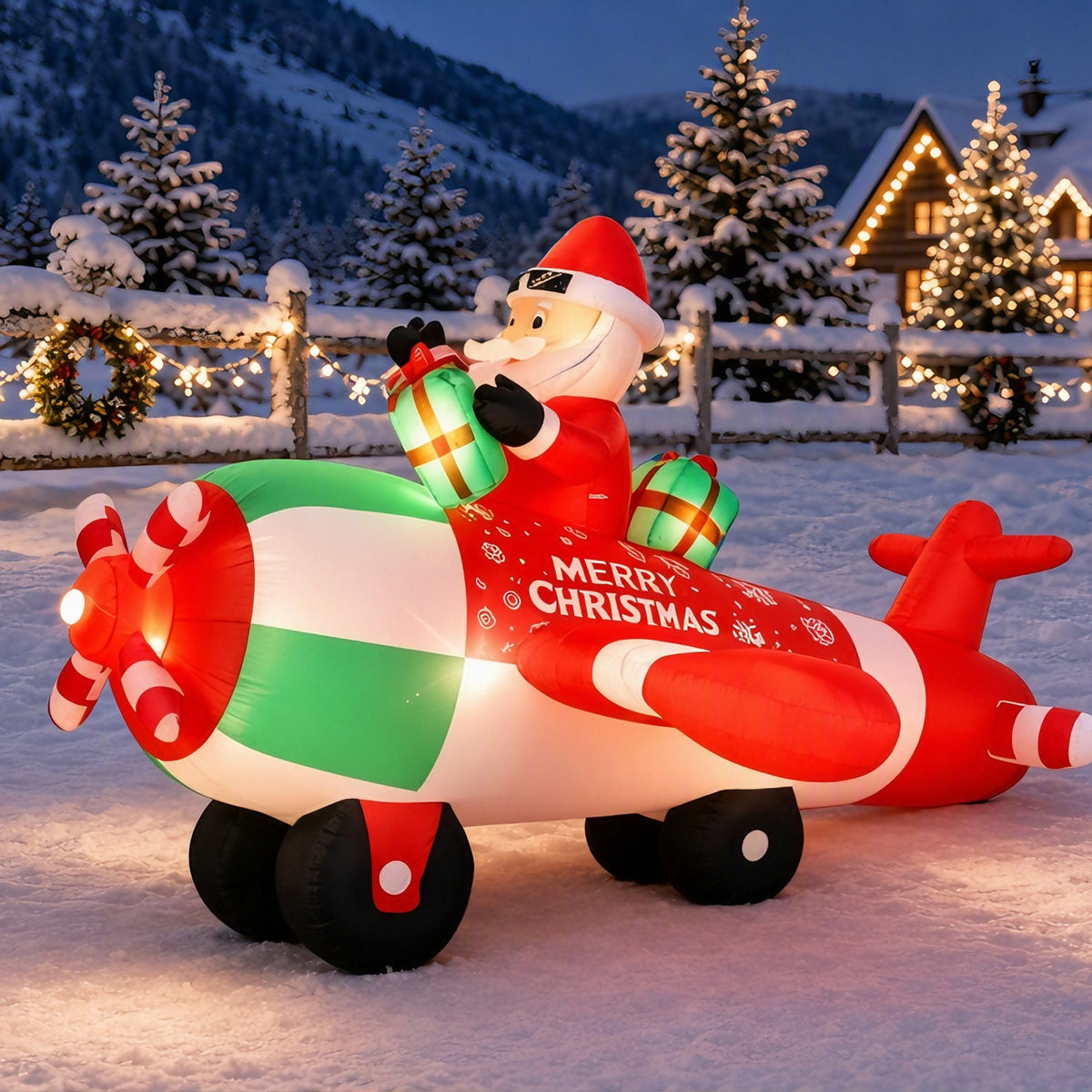9FT Christmas Inflatables Airplane Outdoor Decorations Santa Claus on Flying Helicopter Built-in LED Lights Xmas Inflatable Blow Up Christmas Yard Decor