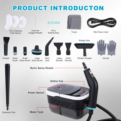 Steam Cleaner, 1500W 10s Fast Heat-Up,Steamer for Cleaning with 44oz Water Tank,14 Cleaning Attachments for Cleaning Stubborn Stains,Grease,Floors,Couches & Cars,Black