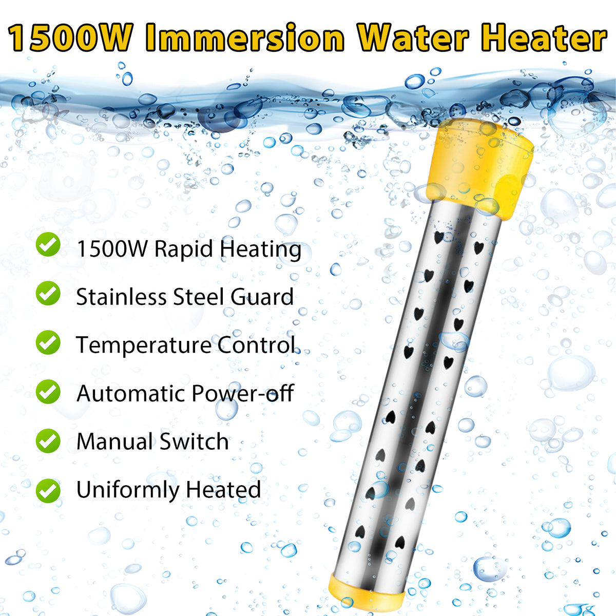 1500W Immersion Water Heater, Portable Bucket Heater with Switch & Auto Off Anti-scald Stainless Steel Protective Guard Indicator Light for Inflatable Pool Bathtub Indoor Outdoor