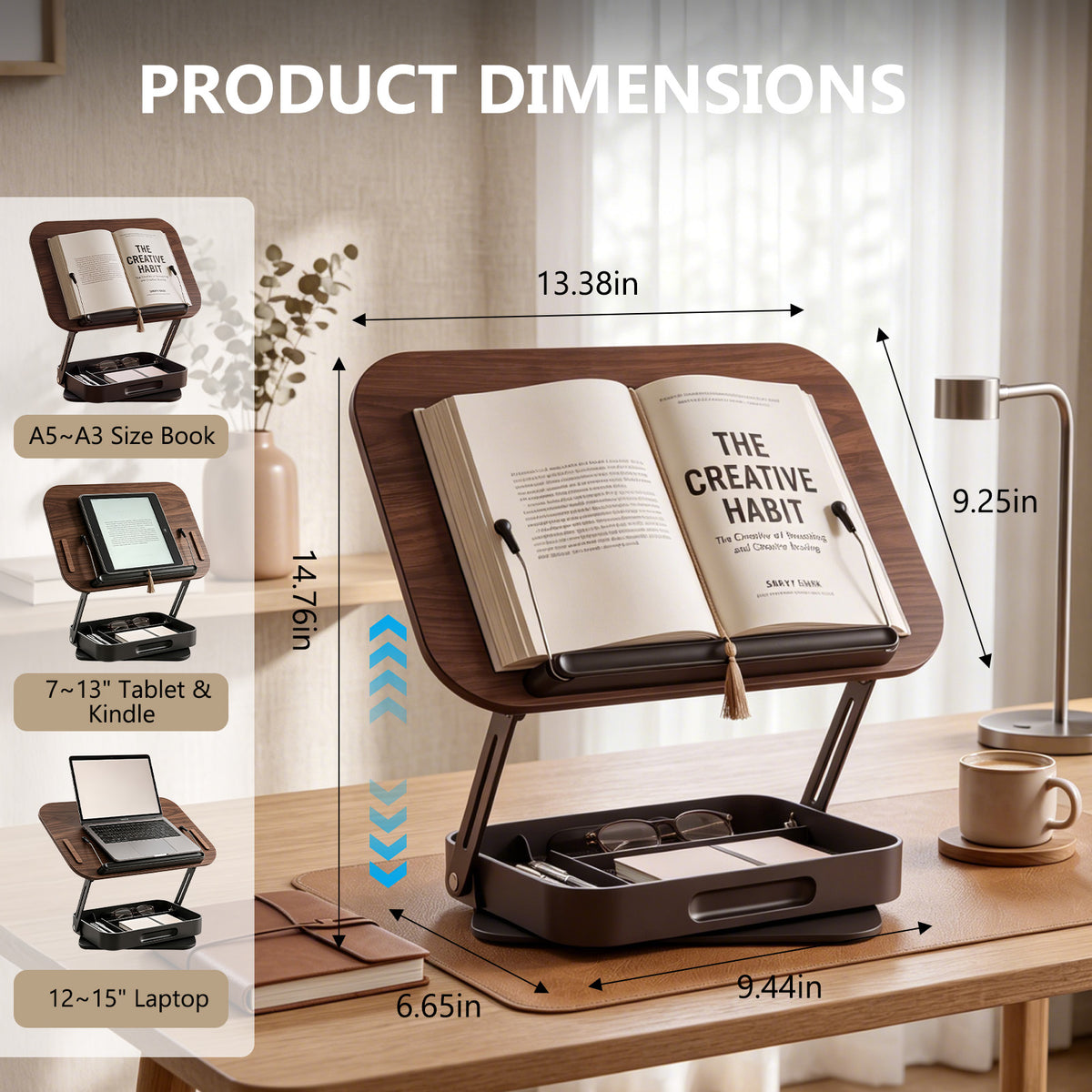 Foldable Wooden Book Stand with Storage,360° Rotating Book Holder for Kitchen Counter, Reading Stand for Desk, Recipe Stand, Book Prop for Book Lovers