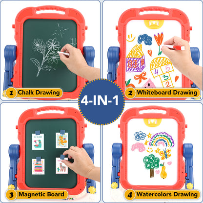 Art Easel for Kids, Adjustable Standing Rotatable Double Sided Easel with Painting Accessories for Toddlers Boys and Girls,Red