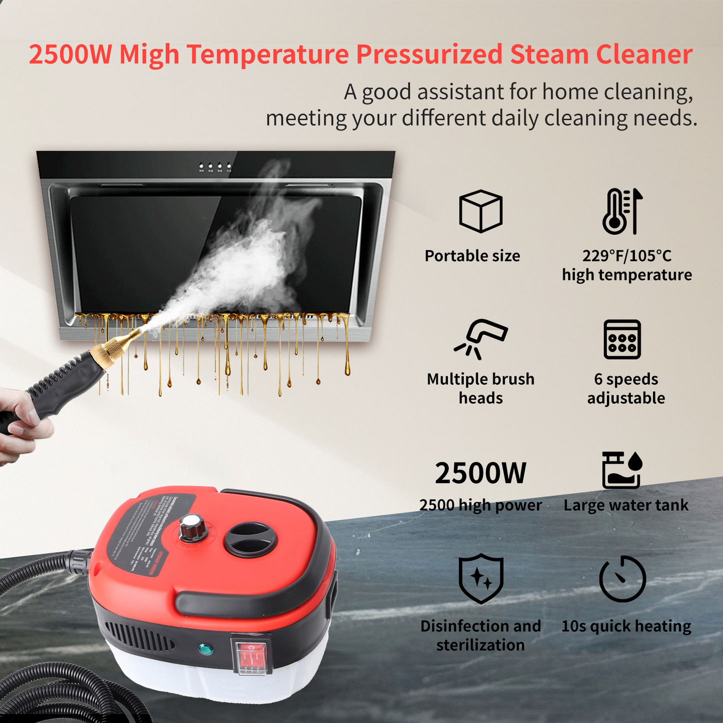 Steam Cleaner,2500W Handheld High Temperature Pressurized Steamer for Cleaning,10S Fast Heating, with 3Pcs Brush Heads for Kitchen/Furniture/Bathroom/Car,Red