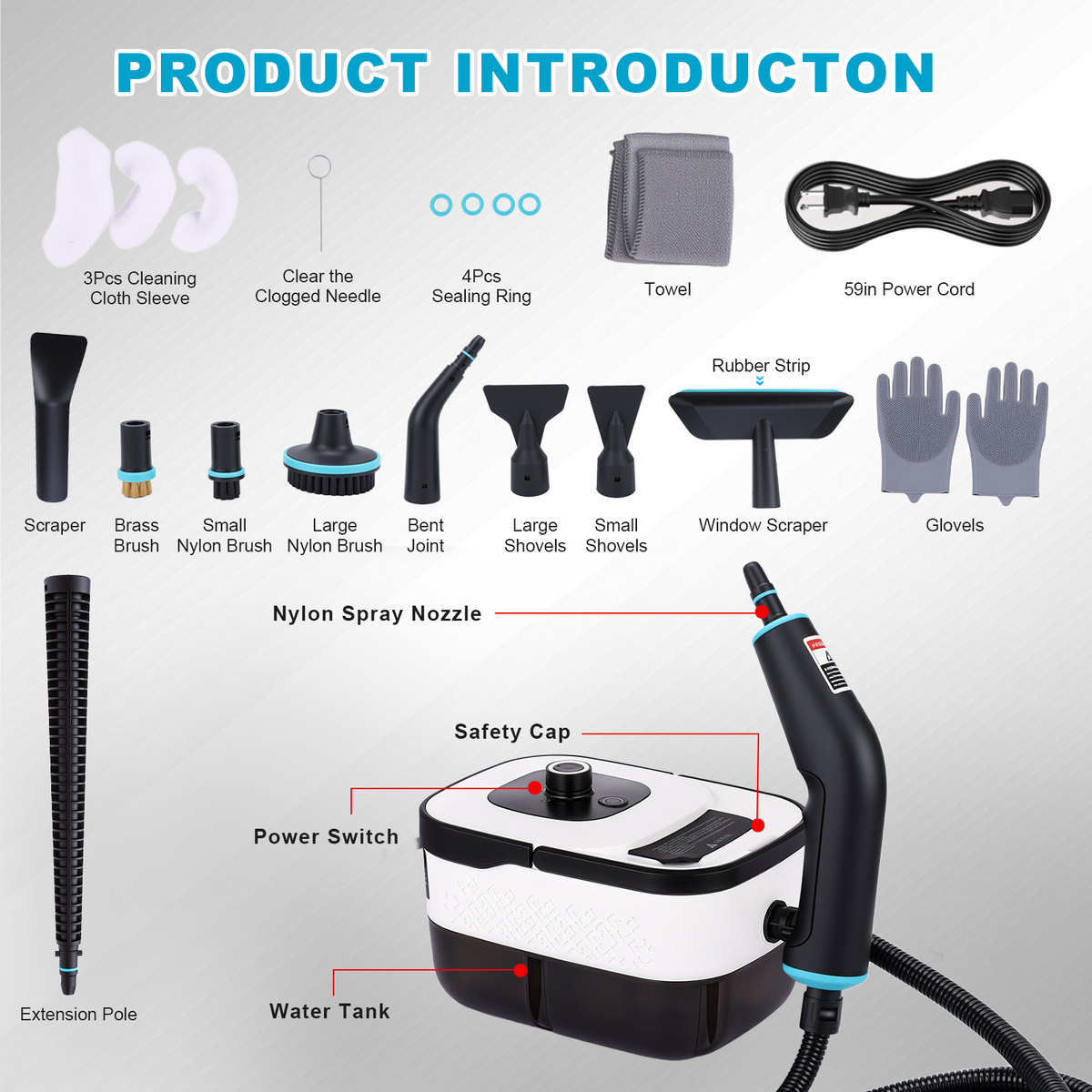 2500W Steam Cleaner 44OZ Water Tank,10s Fast Heat-Up,Portable Steamer for Cleaning with 14pcs Accessories for Home for Dirt, Grease, Grout, Tile,Floor,Couch and Car,White