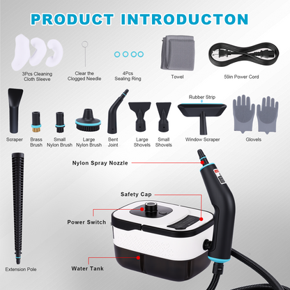2500W Steam Cleaner 44OZ Water Tank,10s Fast Heat-Up,Portable Steamer for Cleaning with 14pcs Accessories for Home for Dirt, Grease, Grout, Tile,Floor,Couch and Car,White