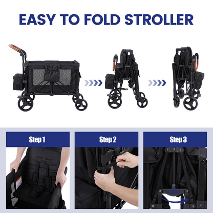 Wagon Stroller for 2 Kids, Outdoor Baby Stroller Wagon with Canopy, 5-Point Harness, Adjustable Handlebars for Toddlers, Black