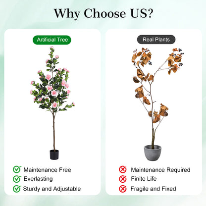 6FT Artificial Camellia Tree Faux Plants Indoor, with Easy Assembly, Low Maintenance, Ideal for Both Indoor Decoration and Other Purposes, Perfect Porch Christmas Trees
