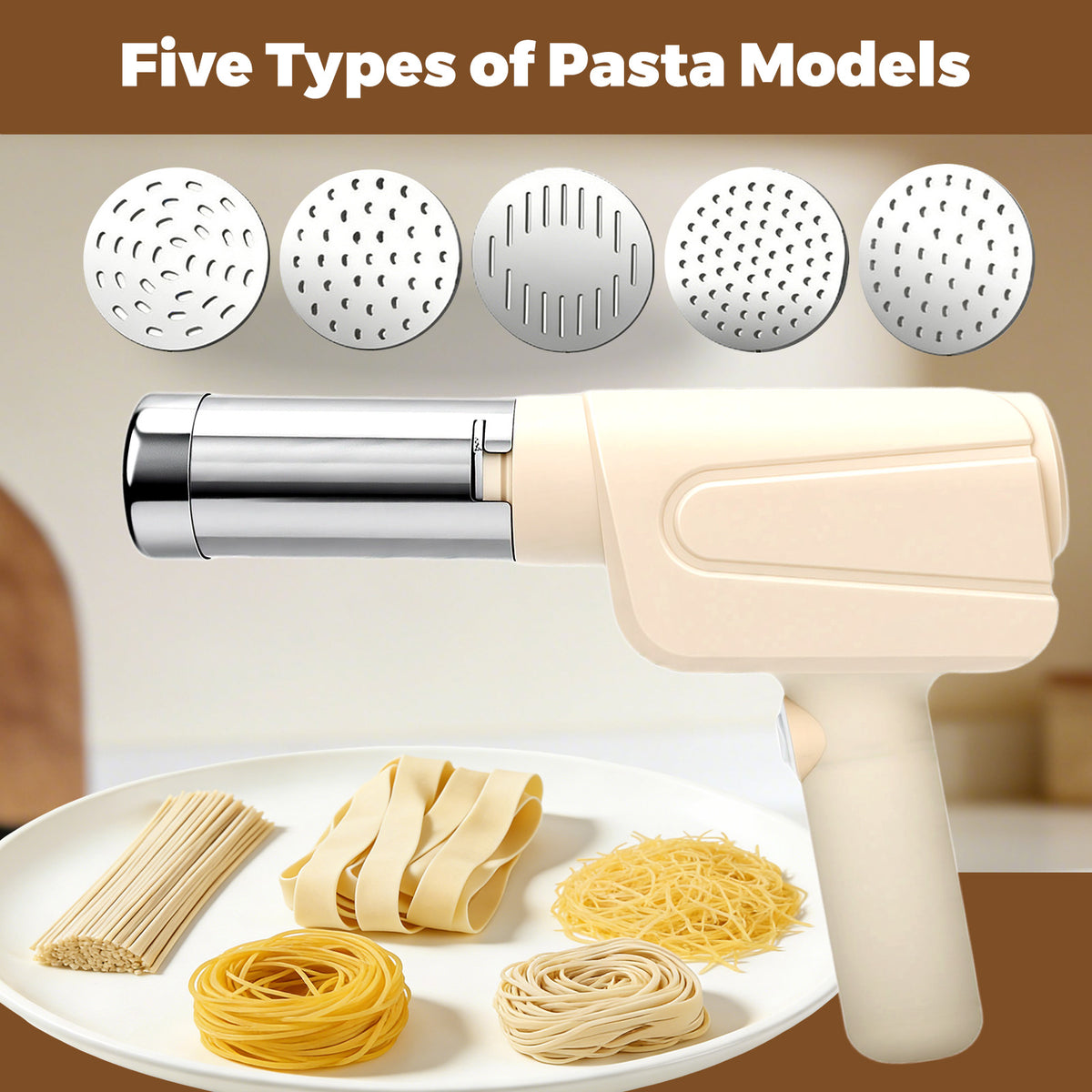 Electric Cordless Pasta Machine, Multifunction Handheld Attachment Homemade Noodle Maker,with 5 Molds and 3 Sausage Accessories,White
