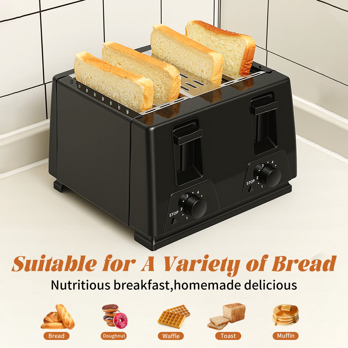 4 Slice Toaster - Stainless Steel Bagel Toaster with Dual Control Panels, 6 Shade Settings,Black