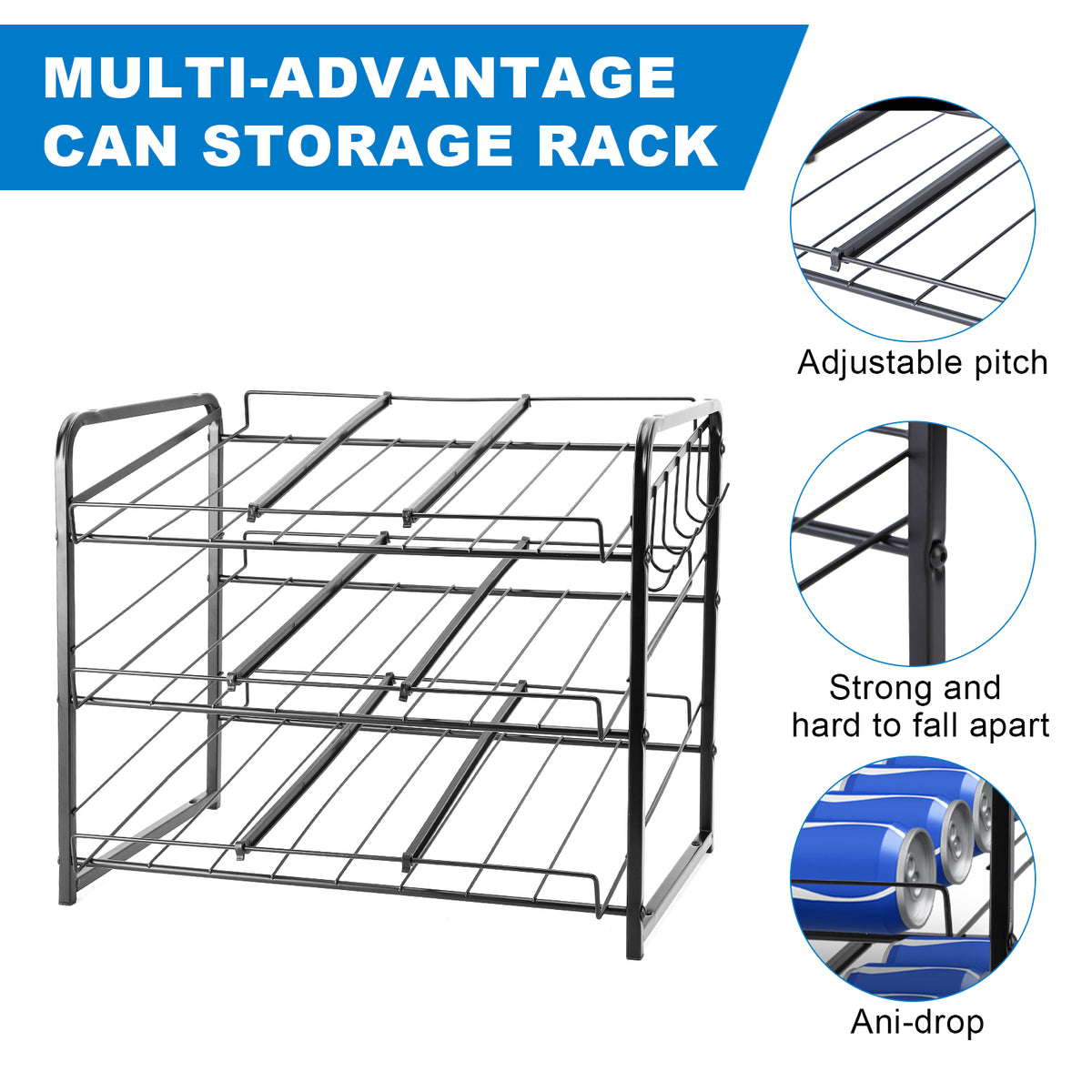 Stackable Can Rack Organizer, 3-Tier Carbon Steel Shelf – Holds Up to 36 Cans W/6 Hooks, 17" W x 11" D x 13.6" H – Pantry Cabinet Food Storage Dispenser,Black