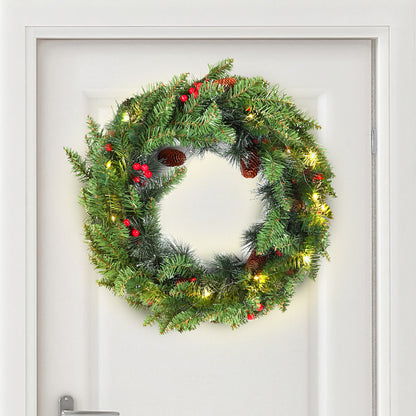 24 Inch Pre-Lit Artificial Christmas Wreath, Green, Crestwood Spruce, White Lights, Decorated with Pine Cones, Berry Clusters, Frosted Branches, Christmas Collection