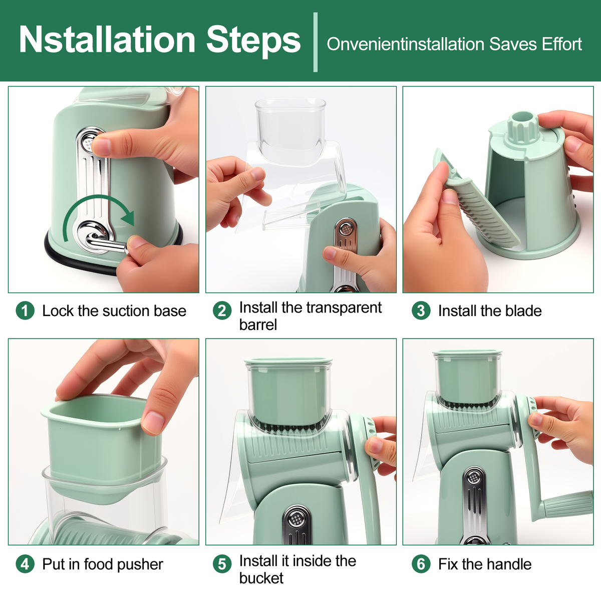 Handle Rotary Cheese Grater with Interchangeable 5 Blades, Suction Base, Mandoline Slicer & Veg Shredder with Blade Storage Box,Green