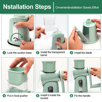 Handle Rotary Cheese Grater with Interchangeable 5 Blades, Suction Base, Mandoline Slicer & Veg Shredder with Blade Storage Box,Green