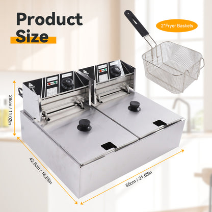 Commercial Double Sieve 12L 3400W Professional Stainless Steel Electric Countertop Deep Fryer
