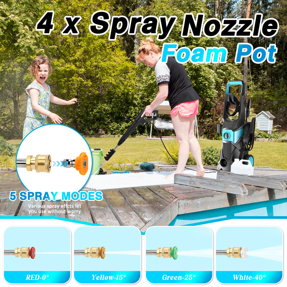 Electric Pressure Washer, 4000PSI Max 2.4 GPM with 4 Nozzles, Portable High Pressure Cleaning Machine Washer with 32FT Hose, for Cars, Driveways, Fences, Patios, Home Cleaning