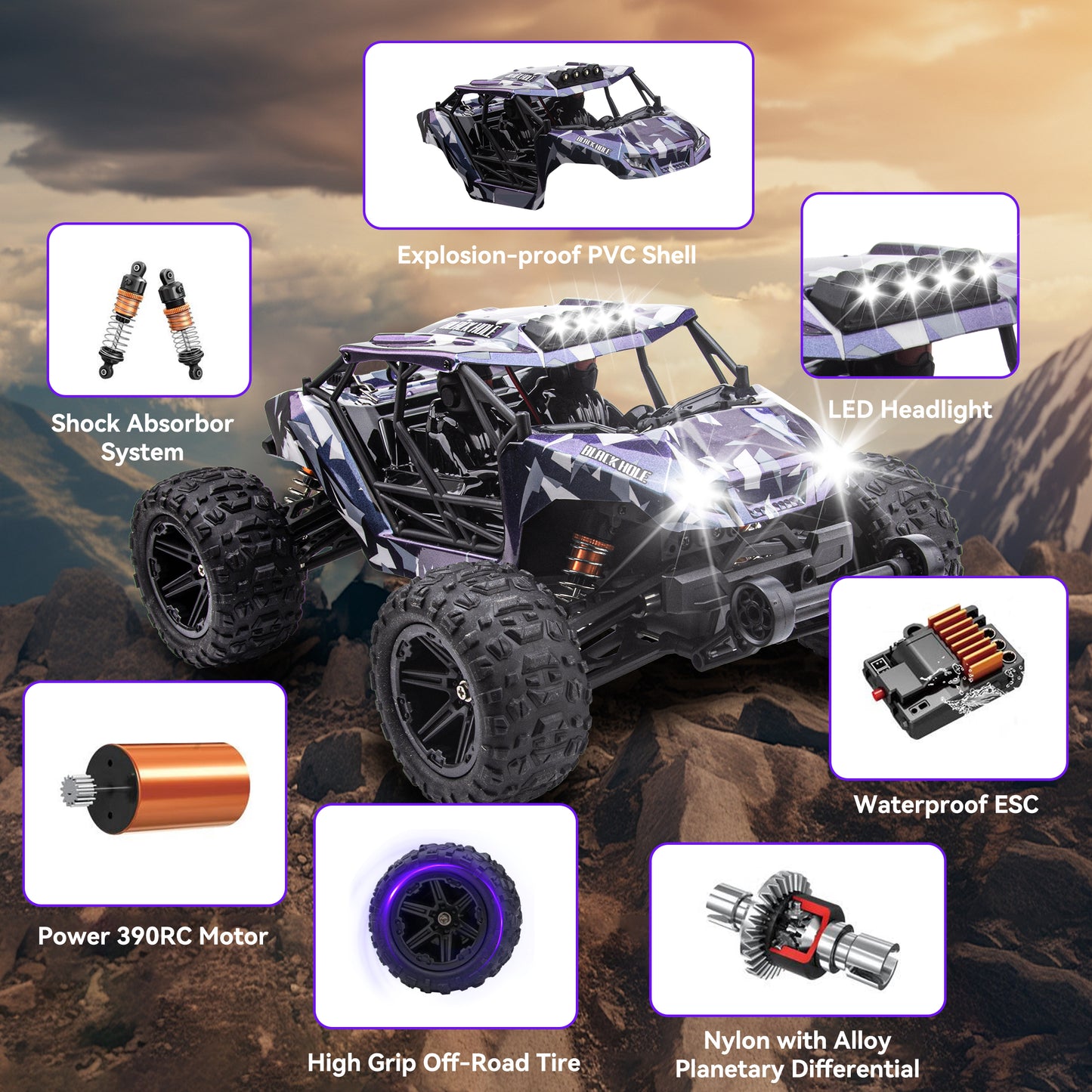 RC Cars for Adults Kids 60KM RTR 1/14 Military RC Trucks 390 Brushed Motor 4X4 Off Road Remote Control Car Toy for Boys Girls Gift All Terrain Fast RC Monster Truck with 2 Li-ion Batteries