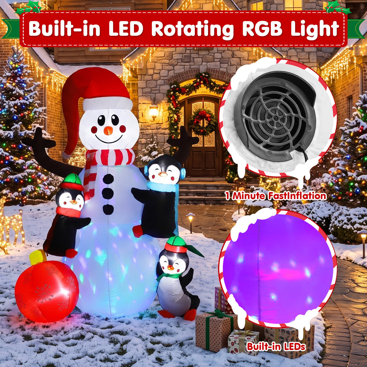 6FT Christmas Inflatable Outdoor Decoration, Snowman with Penguin and Red Ball, Navidad Blow Up Yard Decor with Built-in LED Light for Lawn, Garden, Party