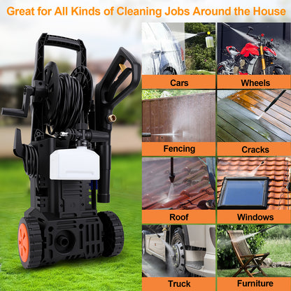 Electric Pressure Washer, 4500PSI Max 3.2 GPM 33FT Hose w/ Hose Reel , 4 Connect Nozzles Foam Cannon for Cars, Fences, Driveways, Patios, Home Cleaning