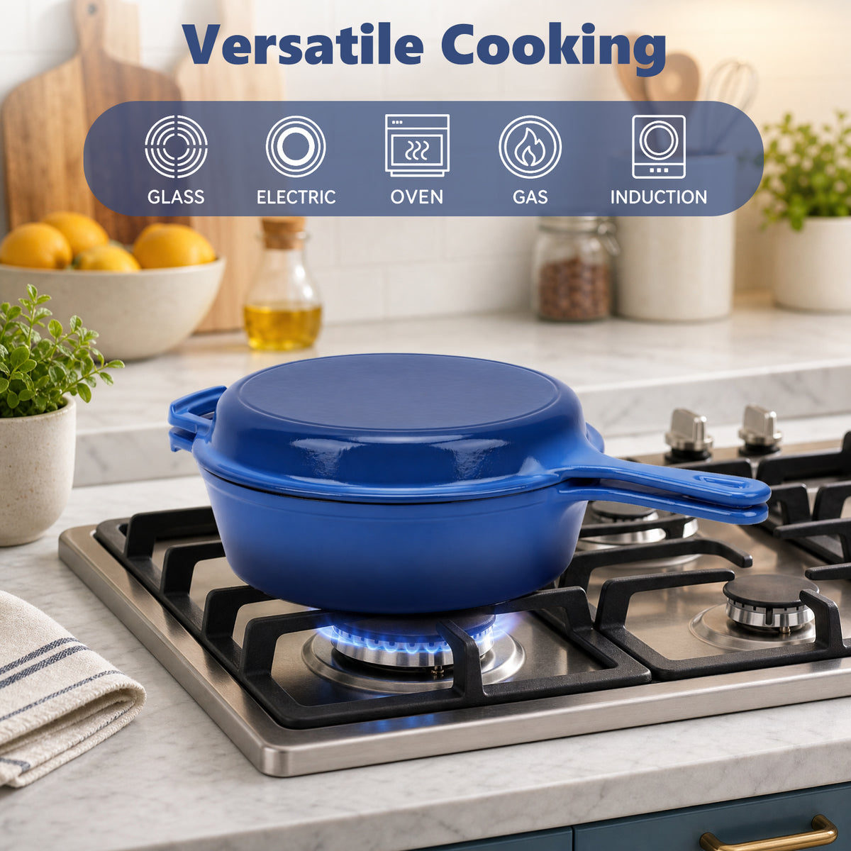 2 in 1 Cast Iron Dutch Oven Pot with Skillet Lid, 4+2qt Enamel Dutch Oven Dual Handle, All-in-One Cookware, Blue