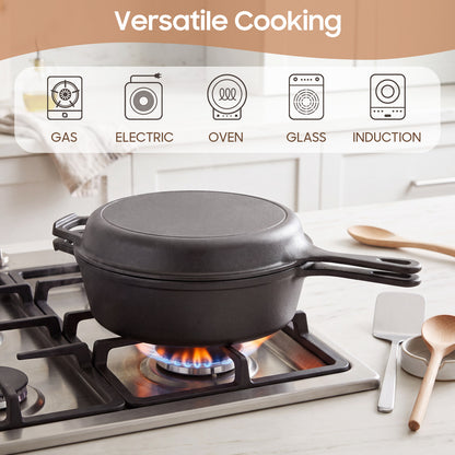 2-in-1 Cast Iron Dutch Oven Pot, with Skillet & Lid, 3QT Deep Pot + 1.5QT Frying Pan, Versatile for Oven, Stove, Grill, Campfire
