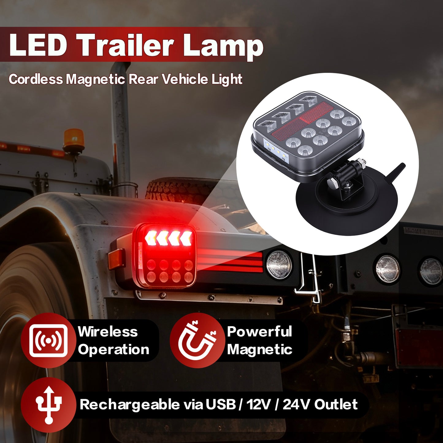 2Pcs Wireless Trailer Lights, Adjustable Magnetic LED Trailer Lights with Fixing Ropes, Rechargeable Tow Tail Light Kit for Trucks, Boats, RVs, Campers, IP67 Waterproof
