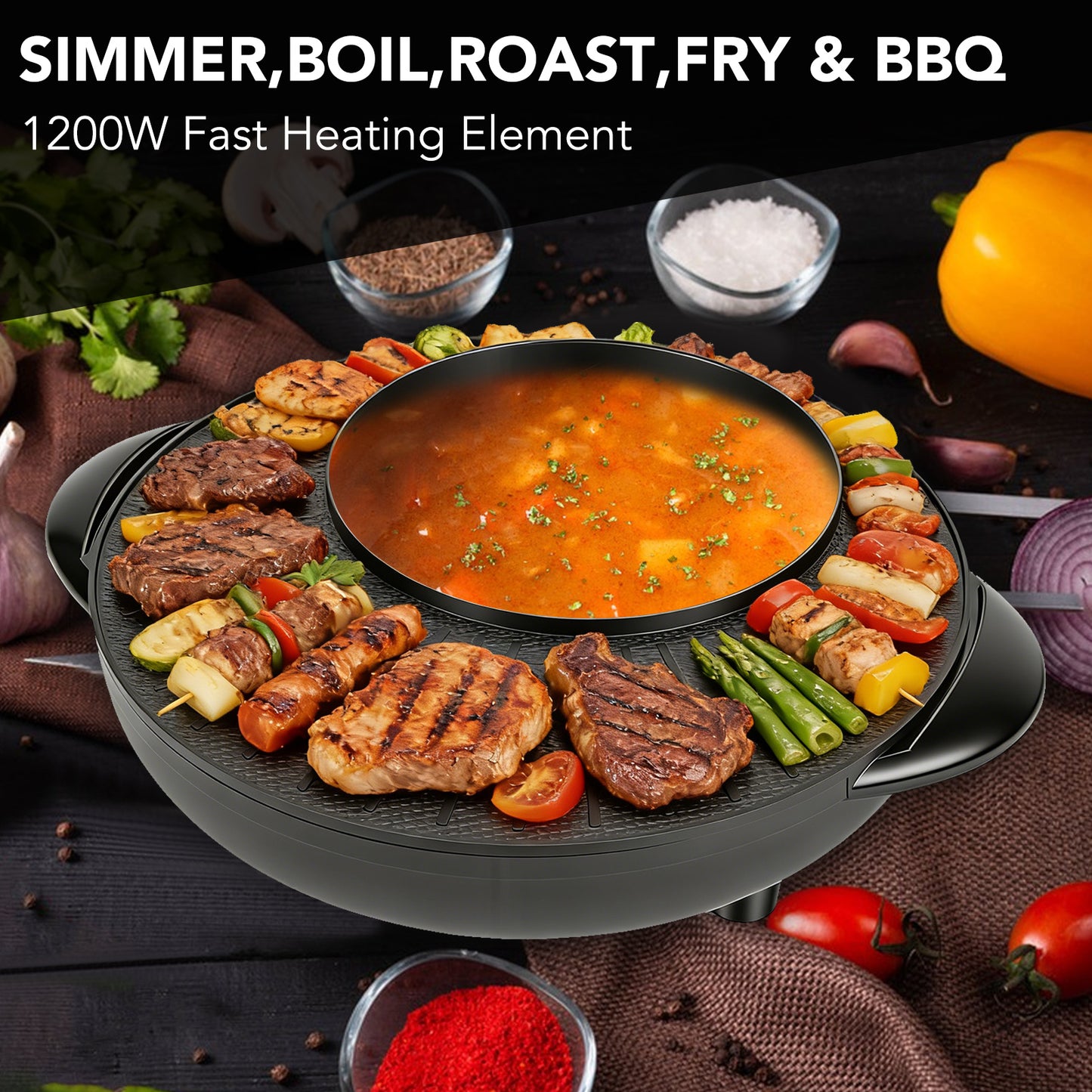 2‑in‑1 Electric Hot Pot and Grill Combo, Smokeless Indoor Korean BBQ & Shabu Shabu Pot, Non‑Stick Countertop Cooker 5-Temp Control for Family Dinner Party, Black