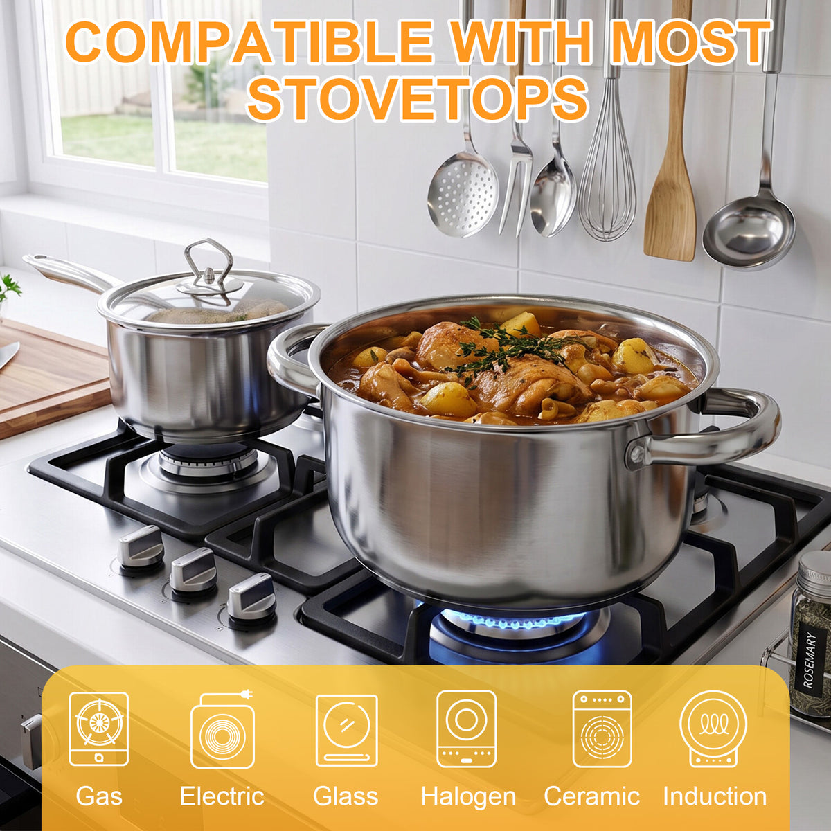 17 Piece Stainless Steel Cookware Set, Pots and Pans Set with Lids Non Toxic, Kitchen Induction Cookware with Utensil Sets For Oven & Dishwasher ,Heavy Premium Kitchen Cooking