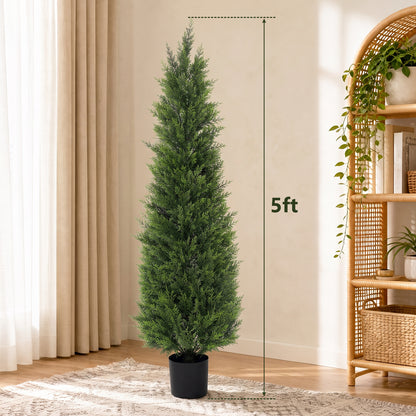 2 Pack 5ft Artificial Cedar Topiary Trees, UV-Resistant Outdoor Potted Plants for Porch & Garden Decor, Set of 2