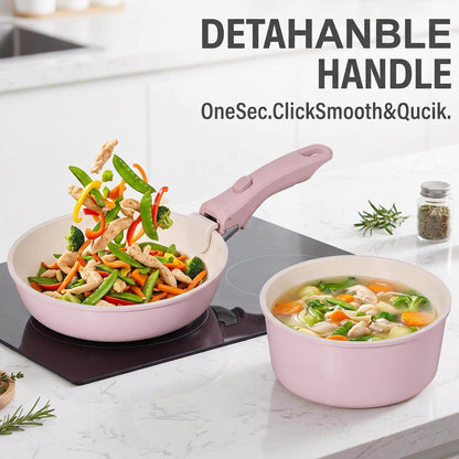 20 Piece Ceramic Pots and Pans Set, Nonstick Cookware Set with Detachable Handles, Oven Safe to 500°F, Induction Compatible, Stackable RV Kitchen Cooking Set, Pink