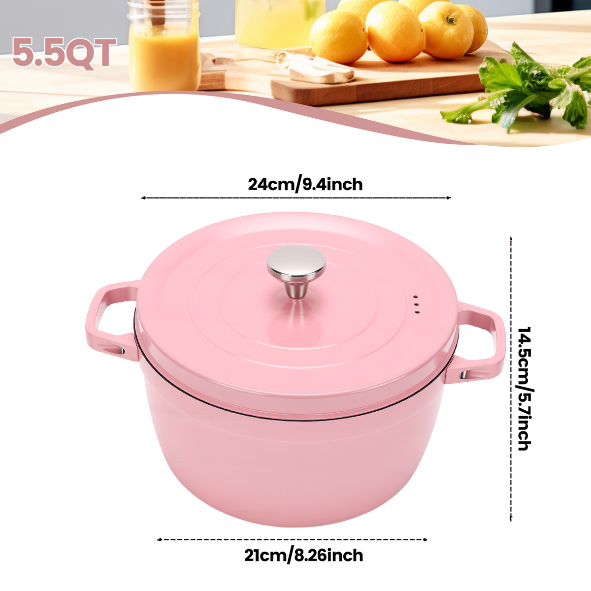 5.5 QT Enameled Cast Iron Dutch Oven Pot with Lid, Dual Handles, Non-Stick Coating for Bread Baking & Cooking, Pink