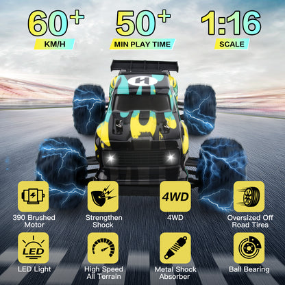 RC Cars 1: 16 Scale All Terrain 4x4 Remote Control Car for Adults & Kids, 40+MPH Waterproof Off-Road RC Trucks, 2.4Ghz Radio Controller, 2 Batteries, 2 Car Bodies