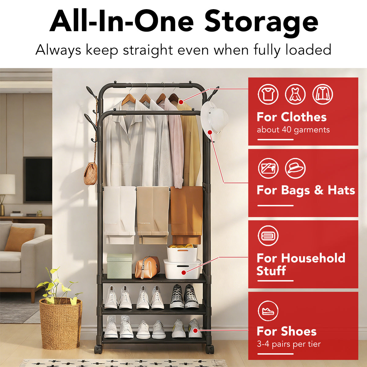 Clothing Garment Rack - 26.8" × 13.8" × 69" Double Rails Closet Rack with 3-Tier Shoe Rack and Wheels, Shoe Organizer for Entryway, Bedroom, or Laundry, Black