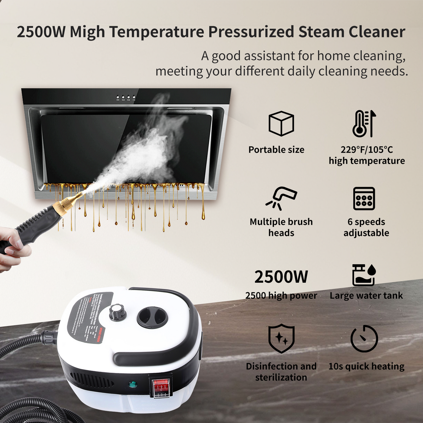 Steam Cleaner,2500W Handheld High Temperature Pressurized Steamer for Cleaning,10S Fast Heating, with 3Pcs Brush Heads for Kitchen/Furniture/Bathroom/Car,White