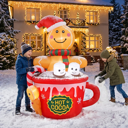 6 FT Christmas Inflatables Outdoor Decorations, Cute Christmas Blow Up Yard Decorations Gingerbread Man in Hot Cocoa Mug Scene for Garden Lawn Xmas Decor